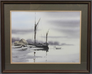20th Century School, watercolour on paper, study of a moored sailing barge, indistinctly signed 12"h x 16"w