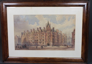 Alfred Waterhouse, 1830-1905, watercolour on paper, a London street scene of Waterhouse building of New Court on Carey  Street with figures in foreground, signed and dated March '74,  16"h x 27"w, REF: the mention of New Court to be found in the  book by Henry Benjamin Wheatley "London Past and Present,  It's History Associations and Traditions" page 328,