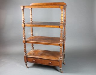 A Victorian rectangular oak 4 tier what-not, the base fitted a  drawer, raised on turned supports 48"h x 30"w x 16"d