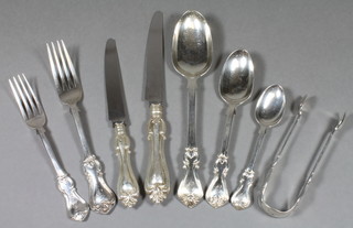 A matched suite of Victorian silver flatware comprising 7 table  spoons,10 table forks, 11 pudding forks, 9  pudding spoons, mustard spoon, 12 tea  spoons & tongs, 91 ozs, a matching  silver handled table knife and 12 silver handled  table knives & 12 silver handled tea knives   ILLUSTRATED