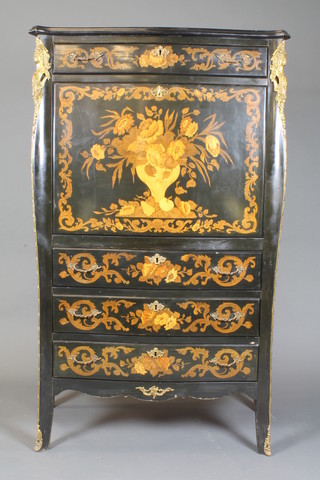 A Louis XV style ebonised secretaire a'abatant, gilt metal mounted with female terms and decorated throughout with floral  marquetry. Fitted frieze drawer above a fall with mirrored  interior above a further 3 long drawers on splayed legs, late 20th  Century, 60"h x 40"w