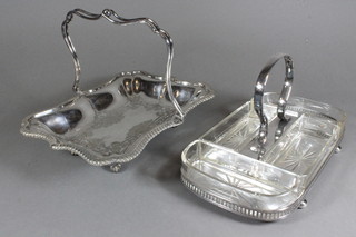 A rectangular silver plated cake basket with swing handle and an oval 4 section dish