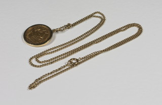 An Edward VII 1906 half sovereign mounted as a pendant, hung  on a fine gold chain
