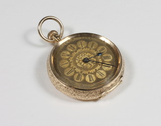 A lady's fob watch contained in a 14ct Continental chased gold case
