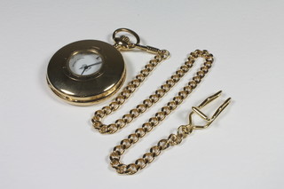 A Masonic half hunter pocket watch by Mount Royal, the dial decorated Masonic symbols and contained in a gold plated case,  hung on a curb link chain