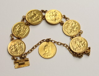 A gold bracelet set 7 Victorian sovereigns - 2 x 1892, 1 x 1890,  4 x 1889  ILLUSTRATED