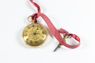 A Victorian 18ct gold cased open faced keyless fob watch