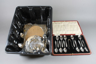A circular silver dish Sheffield 1945 5", 11 silver coffee spoons and matching tongs Sheffield 1932, cased, 7 silver coffee spoons  Sheffield 1942 and a Georgian silver tea spoon, 13 ozs together  with a collection of minor plated items