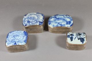 4 Eastern white metal trinket boxes with blue and white porcelain lids 3"