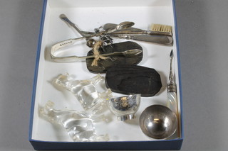 A pair of Eastern engraved white metal bowls 1" and a pair of glass horses 2" and other minor items of silver