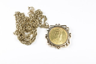 A Victorian 1889 sovereign mounted as a pendant hung on a gold chain