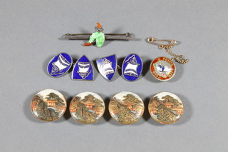 A gilt metal and enamelled cufflinks, a William IV silver and enamelled brooch 1837, an enamelled brooch and 4 Japanese  Satsuma porcelain buttons