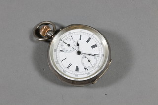 A chronograph pocket watch with enamelled dial having 2 subsidiary dials, contained in a Continental silver case