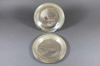 A 1973 and a 1974 James Wyeth sterling silver dish - Running to  the Hunt and Winter Fox, 11 ozs