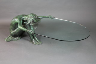 An unusual green patinated bronze and glass low table, fashioned  as a seated female nude, bears signature Augmolsau? 24/99, 21"h