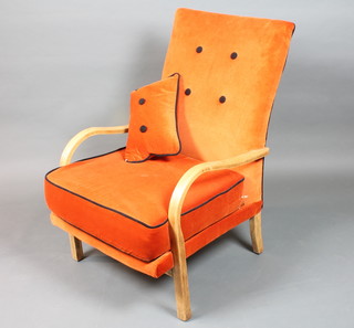 A 1930's oak framed elbow chair in the Art Deco taste with  orange velvet upholstery on square legs
