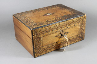 A late Victorian figured walnut and parquetry work box of  tapering form with hinged lid, raised on pillar and quadripartite  base