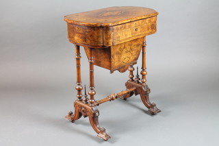 A mid Victorian figured and burr walnut work table with hinged  lid, base fitted a deep basket, raised on turned supports with H  framed stretcher 29"h x 24"w x 16"d