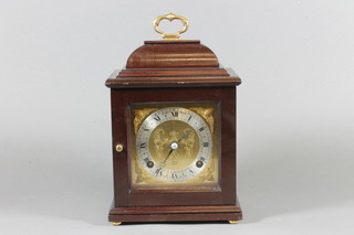 Elliott of London, a 17th Century style mahogany cased bracket clock of small proportions, retailed by Garrard & Co. Ltd,  Regent Street, London, gilt metal mounted with bell top above a  square brass dial with silvered Arabic and Roman chapter ring,  set 8 day movement striking bell, 10.75"h x 7"w x 4.25"d