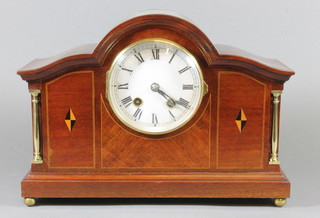 An Edwardian mahogany mantel clock, having Roman painted  dial, set 8 day movement chiming gong, 9.5"h x 13"w x 5"d