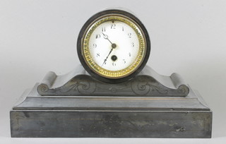A mid Victorian slate mantel timepiece of architectural form, having enamelled Arabic breguet dial, set 8 day cylinder  movement 9"h x 14"w x 5.5"d