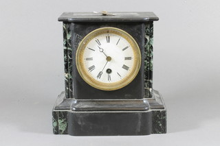 A late Victorian black slate and green variegated marble mantel timepiece, having Roman enamelled dial, set 8 day cylinder  movement, signed C.J&Co. 8"h x 8"w x 5"d