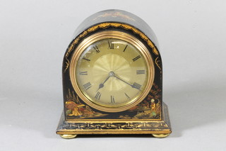 A 1920's black lacquered and chinoiserie decorated mantel timepiece having Roman gilded and engine turned dial, set 8 day  movement 5.75"h x 5.5"w x 3.25"d