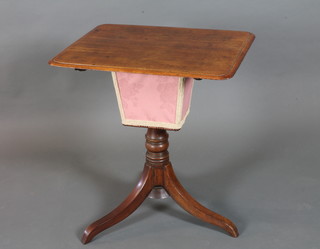 A Victorian mahogany work table with rectangular moulded hinged top, raised on a sewing basket and tripod base, modified,  26.5"h x 24"w