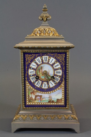 A mid 19th Century French silvered brass mantel clock, the blue ground Roman painted dial decorated a coastal landscape with  figures in the foreground and flanked by similar panels to sides,  set 8 day cylinder movement striking bell 12"h x 6.5"w x 4.25"d