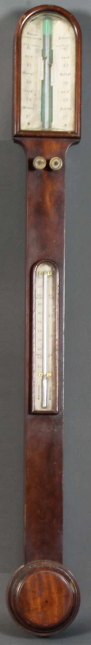 Macrae, 29 Royal Exchange London, an early Victorian mahogany stick barometer, having ivory vernier scale with  Arabic calibrations above a thermometer, with cistern below 36"h  x 4"w  ILLUSTRATED