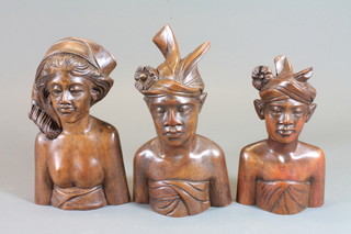 3 Balinese carved hardwood portrait busts 7" and 9"