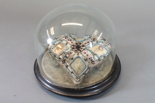 A Victorian heart shaped decorative pin cushion marked  Forget-Me-Not 6", complete with glass dome