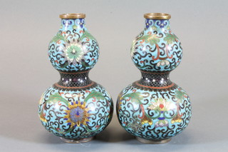 A pair of cloisonne blue ground double gourd shaped vases 6  1/2" some dents