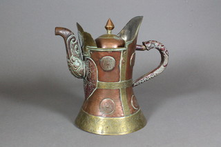 A 19th Century Safavid style planished copper and brass hotwater  pot, decorated roundells of Kufic script 8.5" high