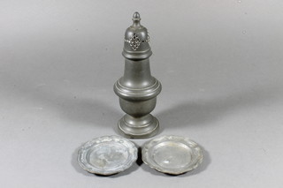 A Georgian style pewter baluster shaped sugar sifter, the base  marked W.J. Englefield London 7" and 2 circular pewter dishes  with bracketed borders 3"