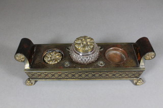 A Regency period rectangular tortoiseshell and inlaid brass 3  section standish with 1 cut glass inkwell, raised on paw feet 10"