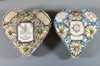 2 Victorian heart shaped sweetheart cushions decorated the badge  of the Irish Guards and Royal Artillery 8"   ILLUSTRATED