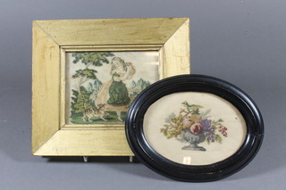 A 19th Century stitchwork picture, standing girl and dog 3.5" x  4.5" and an oval stitchwork picture of an urn 3"