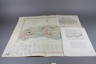 An 18th Century atlas page map of Sussex 4.5" x 6", 2  monochrome maps of Sussex 6" x 8", The Roads from London to Arundel 4" x 8", a C Smith 19th Century coloured map of  Sussex divided into rapes and hundreds, London 1804 17" x 20"  - folded,