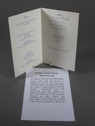 Margaret Thatcher, a National Society of Conservative and Unionist Agents Annual Dinner menu, Hove Town Hall  Wednesday 10 October 1984, signed by Margaret and Dennis  Thatcher, together with a letter of provenance