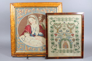 An 18th Century wool work sampler with trees and house by  James Theresa 1746 13" x 10" together with a Victorian Berlin  woolwork panel of The Virgin Mary and child Christ, contained  in a maple frame 14" x 13"