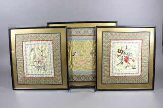 3 various Japanese embroidered silk panels 11" x 10"