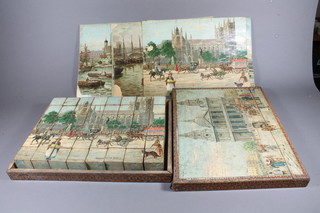 A 19th Century German 6 sided wooden jigsaw puzzles decorated Westminster Abbey, Tower Bridge, London Bridge and Houses  of Parliament
