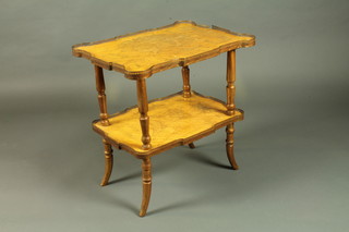 A late 19th/early 20th Century birds eye maple and stained  beechwood 2 tier occasional table, decorated in pen work Egyptian scenes, raised on turned splayed legs 22"h x 15.5"d