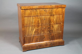 A 19th Century Biedermeier walnut commode, Alsace region, having chamfered top above 4 long drawers, raised on plinth base  with block feet 35.5"h x 36"w x 21.5"w   ILLUSTRATED