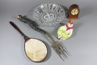 Three moulded glass commemorative dishes together with a Sitzendorf figural ashtray fashioned as a female harlequin and  sundry miscellaneous items