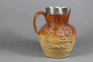 A Victorian Doulton style stoneware hunting jug with silver rim  8"