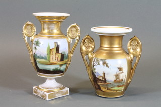 A pair of 19th Century Berlin style porcelain urns of campanular  form and panel decoration, raised on a square base 7.5", 1  missing base,
