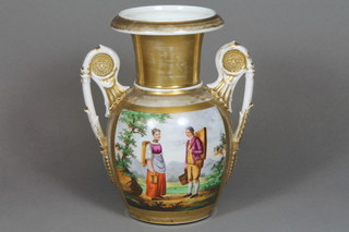 A "Berlin" porcelain twin handled vase with panel decoration - building by a river and standing couple 9"