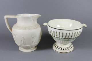 A Turnerware style white glazed jug decorated classical figures  7", chip to spout, and an 18th Century English cream  ribbonware pedestal twin handled bowl 6"